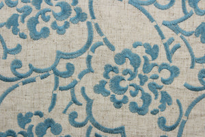  This classic Embroidered Song in Natural features a delicate teal embroidered design with beautiful fine detail on a natural background. The intricate design and colors will add subtle, yet eye-catching texture to your home.  Uses include window treatments, accent pillows, bedding, cornice boards and home décor.