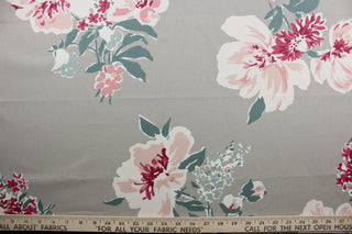 The Robert Allen© Isleboro Eve in Oyster is a stylish choice for any interior. This multi-purpose, large floral print fabric in pink, red, green and white colors on an oyster gray background is sure to match any décor.  It is also extremely durable, with a rating of 30,000 double rubs.  It can be used for several different statement projects including window accents (drapery, curtains and swags), toss pillows, headboards, bed skirts, duvet covers, upholstery, and more.