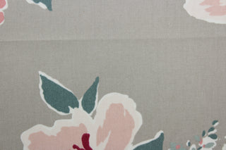 The Robert Allen© Isleboro Eve in Oyster is a stylish choice for any interior. This multi-purpose, large floral print fabric in pink, red, green and white colors on an oyster gray background is sure to match any décor.  It is also extremely durable, with a rating of 30,000 double rubs.  It can be used for several different statement projects including window accents (drapery, curtains and swags), toss pillows, headboards, bed skirts, duvet covers, upholstery, and more.