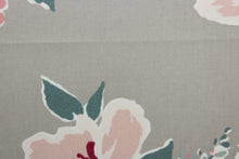 Load image into Gallery viewer, The Robert Allen© Isleboro Eve in Oyster is a stylish choice for any interior. This multi-purpose, large floral print fabric in pink, red, green and white colors on an oyster gray background is sure to match any décor.  It is also extremely durable, with a rating of 30,000 double rubs.  It can be used for several different statement projects including window accents (drapery, curtains and swags), toss pillows, headboards, bed skirts, duvet covers, upholstery, and more.

