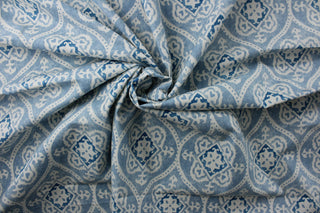  The Robert Allen© Suburban fabric features a modernized geometric print in a blue and white colorway.  This multi-purpose fabric is durable and can withstand up to 100,000 double rubs without any damage.  It can be used for several different statement projects including window accents (drapery, curtains and swags), toss pillows, headboards, bed skirts, duvet covers and upholstery. 