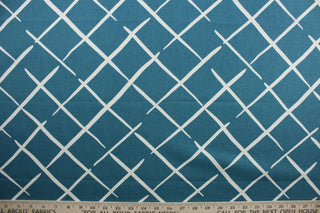 This Robert Allen© Cove End in Pool fabric features a stylish geometric print in blue green, and white.  It has a soil and stain repellant finish and a durability of 100,000 double rubs, making it a great choice for multipurpose use.  It can be used for several different statement projects including window accents (drapery, curtains and swags), toss pillows, headboards, bed skirts, duvet covers, upholstery, and more.