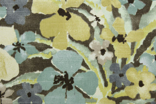  Achieve a timeless look with the Robert Allen© Floral Sonata in Aloe. This multi-purpose fabric in muted gold, light taupe, ivory, and dark blue gray, features a beautiful floral print set against a brown background. 