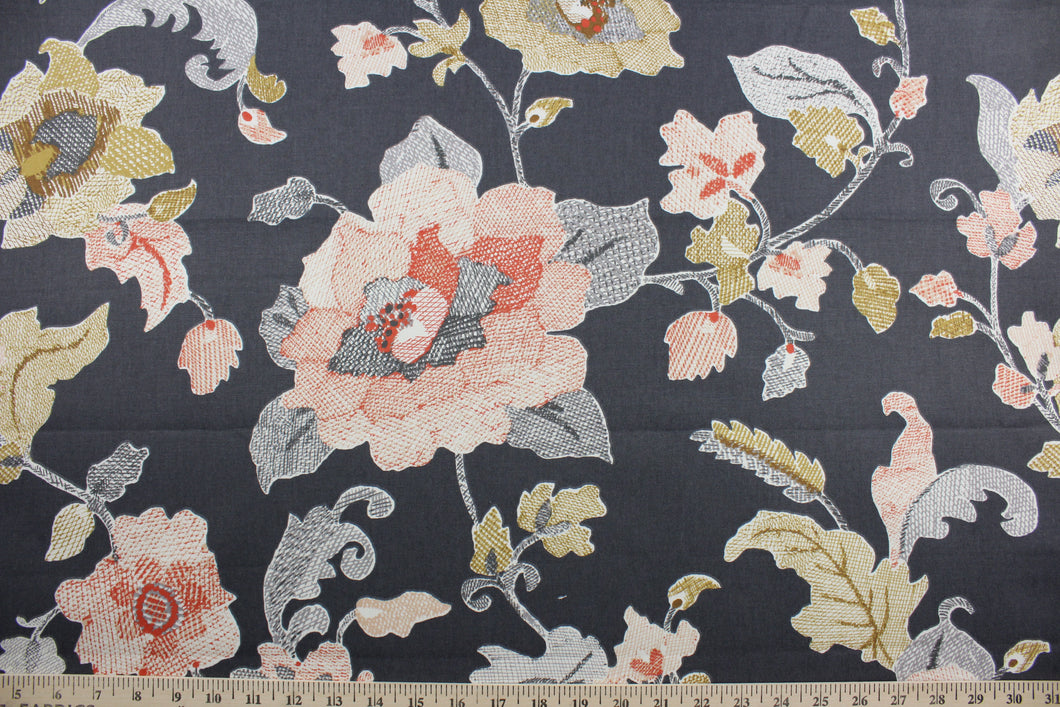 a beautiful floral vine print, providing a sophisticated look in any space. This multipurpose fabric features a combination of persimmon, bronze, white, and gray colors, allowing for an array of design possibilities.  Treated with a soil and stain repellant finish, this fabric is durable with a 30,000 double rub rating.  It can be used for several different statement projects including window accents (drapery, curtains and swags), toss pillows, headboards, bed skirts, duvet covers, upholstery, and more.