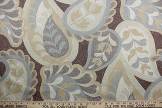 Robert Allen© Grainy in Buckskin is a multi-purpose fabric with a unique botanical print.  It features a cream color palette combining buckskin, brown, and light blue gray, and includes a soil and stain resistant finish with durability of up to 95,000 double rubs.  It can be used for several different statement projects including window accents (drapery, curtains and swags), toss pillows, headboards, bed skirts, duvet covers, upholstery, and more.