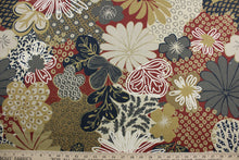 Load image into Gallery viewer,  Robert Allen© Zomper in Henna is a beautiful large floral print fabric featuring rust, shades of tan, dark navy blue, white, and gray. The soil and stain repellent finish make it suitable for any environment, and its durability rating of 100,000 double rubs ensures it will withstand the test of time.  It can be used for several different statement projects including window accents (drapery, curtains and swags), toss pillows, headboards, bed skirts, duvet covers and upholstery. 
