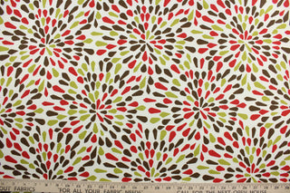 The "Many Petals in Poppy" pattern is perfect for a transitional look, containing shades of red, green, dark brown and off white. With a soil and stain repellant finish and a 100,000 double rubs rating, it's both stylish and durable.  It can be used for several different statement projects including window accents (drapery, curtains and swags), toss pillows, headboards, bed skirts, duvet covers, upholstery, and more.