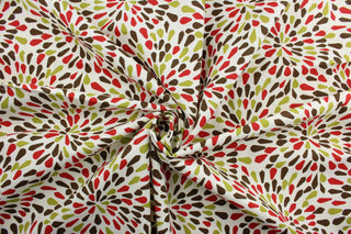 The "Many Petals in Poppy" pattern is perfect for a transitional look, containing shades of red, green, dark brown and off white. With a soil and stain repellant finish and a 100,000 double rubs rating, it's both stylish and durable.  It can be used for several different statement projects including window accents (drapery, curtains and swags), toss pillows, headboards, bed skirts, duvet covers, upholstery, and more.