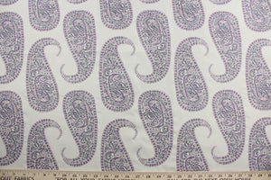 Create a statement piece with Robert Allen© Paisley Purple in Eggplant. This multi-purpose, high-end jacquard fabric features large paisley petals in shades of purple on an antique white background. It offers 30,000 double rubs and can be used for upholstery, cushions, pillows, and craft projects.