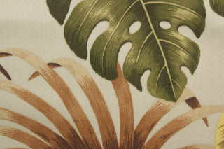 This large botanical print features eye-catching colors of yellow, red, brown, green, and orange on a light tan background.  Made of water-resistant and soil and stain-repellant fabric, this outdoor print will look vibrant and new with minimal maintenance.  Perfect for patio, deck and poolside.  It can be used for several different statement projects including cushions, upholstery projects and decorative pillows. 