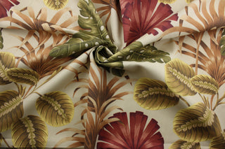  This large botanical print features eye-catching colors of yellow, red, brown, green, and orange on a light tan background.  Made of water-resistant and soil and stain-repellant fabric, this outdoor print will look vibrant and new with minimal maintenance.  Perfect for patio, deck and poolside.  It can be used for several different statement projects including cushions, upholstery projects and decorative pillows. 