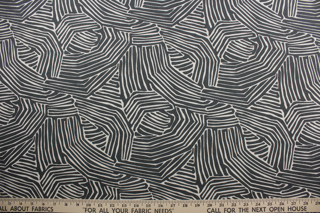 multi-use fabric with a stylish zebra print.  It features an eye-catching combination of charcoal and off white that will bring a modern touch to any room.  This fabric is incredibly durable with 95,000 double rubs of wear, and its soil and stain resistant surface makes it easy to clean and maintain.  It can be used for several different statement projects including window accents (drapery, curtains and swags), toss pillows, headboards, bed skirts, duvet covers, upholstery, and more.