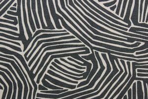 multi-use fabric with a stylish zebra print.  It features an eye-catching combination of charcoal and off white that will bring a modern touch to any room.  This fabric is incredibly durable with 95,000 double rubs of wear, and its soil and stain resistant surface makes it easy to clean and maintain.  It can be used for several different statement projects including window accents (drapery, curtains and swags), toss pillows, headboards, bed skirts, duvet covers, upholstery, and more.