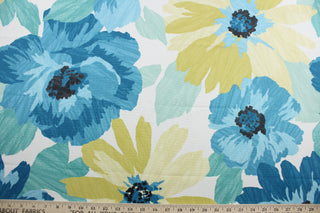  a multi-purpose fabric featuring a large floral print in shades of gold and blue, as well as black and white. This fabric is incredibly tough, boasting a 100,000 double rub rating, and is soil and stain repellent to help keep it looking as good as new.  It can be used for several different statement projects including window accents (drapery, curtains and swags), toss pillows, headboards, bed skirts, duvet covers, upholstery, and more.