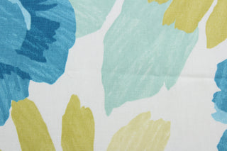  a multi-purpose fabric featuring a large floral print in shades of gold and blue, as well as black and white. This fabric is incredibly tough, boasting a 100,000 double rub rating, and is soil and stain repellent to help keep it looking as good as new.  It can be used for several different statement projects including window accents (drapery, curtains and swags), toss pillows, headboards, bed skirts, duvet covers, upholstery, and more.