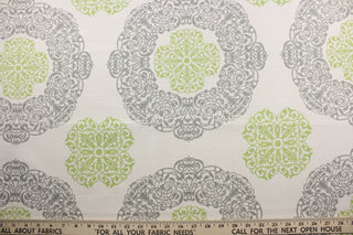 Introducing the Robert Allen© Slub Duck in Natural/Green to bring a stunning look to any space.  This multi-purpose fabric features a dramatic large scale medallion print in green and gray on a natural background.  Soil and stain resistant, it is designed to last and look great.  It can be used for several different statement projects including window accents (drapery, curtains and swags), toss pillows, headboards, bed skirts, duvet covers and upholstery. 