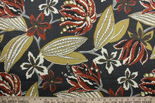 Load image into Gallery viewer, The exciting floral print features a palette of light gray, gold, brown, rust, and ivory on a charcoal background.  The multi-purpose fabric is soil and stain resistant and has been tested to withstand up to 65,000 double rubs for added durability.  It can be used for several different statement projects including window accents (drapery, curtains and swags), toss pillows, headboards, bed skirts, duvet covers and upholstery. 
