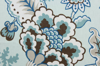 This beautiful floral fabric features a charming blend of sea green, blue, brown, taupe, and white colors, making it perfect for creating a variety of unique designs.  It features a soil and stain repellant finish and is rated at 100,000 double rubs for durability and abrasion resistance.  It can be used for several different statement projects including window accents (drapery, curtains and swags), toss pillows, headboards, bed skirts, duvet covers, upholstery, and more.
