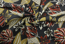 Load image into Gallery viewer, The exciting floral print features a palette of light gray, gold, brown, rust, and ivory on a charcoal background.  The multi-purpose fabric is soil and stain resistant and has been tested to withstand up to 65,000 double rubs for added durability.  It can be used for several different statement projects including window accents (drapery, curtains and swags), toss pillows, headboards, bed skirts, duvet covers and upholstery. 
