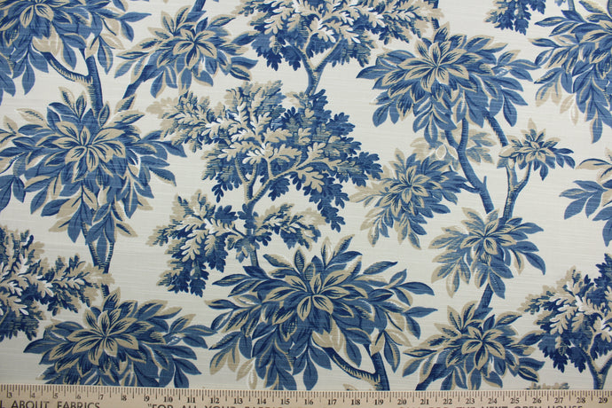 Robert Allen© Sylvan Toile features a beautiful botanical print in shades of beige and blue.  Treated with a soil and stain repellant finish, this fabric is durable with a 100,000 double rub rating.  It can be used for several different statement projects including window accents (drapery, curtains and swags), toss pillows, headboards, bed skirts, duvet covers, upholstery, and more.