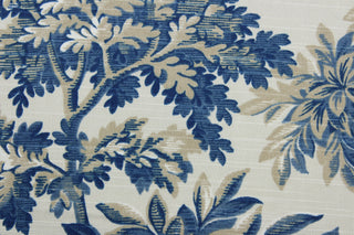 Robert Allen© Sylvan Toile features a beautiful botanical print in shades of beige and blue.  Treated with a soil and stain repellant finish, this fabric is durable with a 100,000 double rub rating.  It can be used for several different statement projects including window accents (drapery, curtains and swags), toss pillows, headboards, bed skirts, duvet covers, upholstery, and more.