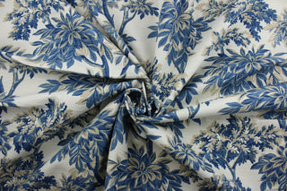 Robert Allen© Sylvan Toile features a beautiful botanical print in shades of beige and blue.  Treated with a soil and stain repellant finish, this fabric is durable with a 100,000 double rub rating.  It can be used for several different statement projects including window accents (drapery, curtains and swags), toss pillows, headboards, bed skirts, duvet covers, upholstery, and more.