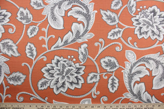  Robert Allen© McGivern in Orange fabric offers a vibrant, multi-purpose floral vine print on an orange background. The gray and white design is highlighted by a soil and stain repellant finish.  It can be used for several different statement projects including window accents (drapery, curtains and swags), toss pillows, headboards, bed skirts, duvet covers, upholstery, and more.