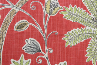 Robert Allen© Indienne Ink in Coral is a multi-purpose fabric featuring palm trees and plants. With a coral background and brown, green, and white accents, it's sure to draw the eye.  It's also incredibly durable, boasting 65,000 double rubs and a soil and stain repellant finish.  It can be used for several different statement projects including window accents (drapery, curtains and swags), toss pillows, headboards, bed skirts, duvet covers, upholstery, and more.