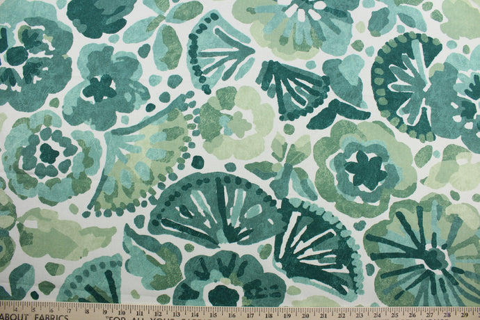 This multi-purpose fabric showcases a large floral print in shades of green against a white background. It features a soil and stain repellant finish and is rated at 100,000 double rubs for durability and abrasion resistance.  It can be used for several different statement projects including window accents (drapery, curtains and swags), toss pillows, headboards, bed skirts, duvet covers, upholstery, and more.