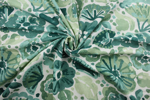 This multi-purpose fabric showcases a large floral print in shades of green against a white background. It features a soil and stain repellant finish and is rated at 100,000 double rubs for durability and abrasion resistance.  It can be used for several different statement projects including window accents (drapery, curtains and swags), toss pillows, headboards, bed skirts, duvet covers, upholstery, and more.