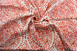  Robert Allen© Glimpse in Orange is a multi-purpose fabric perfect for any home decorating project.  Crafted from a cotton blend, it features a large circular print incorporating shades of orange, coral, gray, and off white. The fabric is also soil and stain resistant for easy care.  It can be used for several different statement projects including window accents (drapery, curtains and swags), toss pillows, headboards, bed skirts, duvet covers and upholstery. 