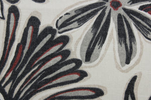 The large-scale floral print features shades of black, gray, henna, and cream on an off-white background. The durable fabric has a 30,000 double rub rating and is soil and stain resistant, making it a practical and fashionable choice.  It can be used for several different statement projects including window accents (drapery, curtains and swags), toss pillows, headboards, bed skirts, duvet covers, upholstery, and more.