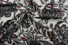 Load image into Gallery viewer, The large-scale floral print features shades of black, gray, henna, and cream on an off-white background. The durable fabric has a 30,000 double rub rating and is soil and stain resistant, making it a practical and fashionable choice.  It can be used for several different statement projects including window accents (drapery, curtains and swags), toss pillows, headboards, bed skirts, duvet covers, upholstery, and more.
