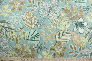  Add a touch of sophistication to any room with the Robert Allen© Mingled Motifs in Dew fabric. This multipurpose fabric features a large leaf print and comes in shades of green, tan and white. Crafted from sturdy material, it has a durability of 100,000 double rubs and is soil and stain repellant. It can be used for several different statement projects including window accents (drapery, curtains and swags), toss pillows, headboards, bed skirts, duvet covers, upholstery, and more.