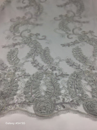 Victoria Delicate Embroidered Lace Fabric in Grey