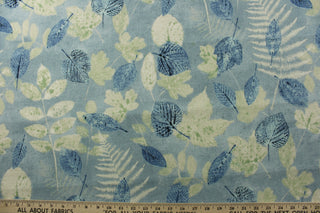 PK Lifestyles© Outdoor Farm House Leaf in Chambray features a printed leaf design with shades of blue, green, and white, providing a refreshing and calming feel to any space. Made with durability in mind, it boasts a rating of 51,000 double rubs, ensuring long-lasting use.&nbsp; Great for<span data-mce-fragment="1">&nbsp;cushions, tablecloths, upholstery projects, decorative pillows and craft projects.&nbsp; Recommended to store away when not in use.</span>