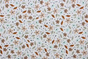 Cicely features an intricate floral pattern in shades of brown, tan, green, and black, set against a white background.  The high-quality cotton material ensures lasting durability and softness.  It would be great for apparel, quilting, crafting and sewing projects.  