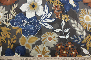  Robert Allen© Bright Floral in Greystone will bring sophistication and style to any room. Its multi purpose design features a stunning floral print in autumnal colors, including brown, gray, blue, dark yellow, rust, and ivory. The fabric offers 100,000 double rubs and a soil and stain repellent finish.  It can be used for several different statement projects including window accents (drapery, curtains and swags), toss pillows, headboards, bed skirts, duvet covers, upholstery, and more.