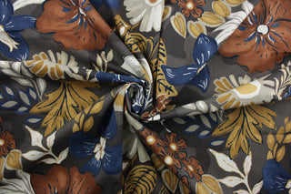  Robert Allen© Bright Floral in Greystone will bring sophistication and style to any room. Its multi purpose design features a stunning floral print in autumnal colors, including brown, gray, blue, dark yellow, rust, and ivory. The fabric offers 100,000 double rubs and a soil and stain repellent finish.  It can be used for several different statement projects including window accents (drapery, curtains and swags), toss pillows, headboards, bed skirts, duvet covers, upholstery, and more.
