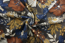 Load image into Gallery viewer,  Robert Allen© Bright Floral in Greystone will bring sophistication and style to any room. Its multi purpose design features a stunning floral print in autumnal colors, including brown, gray, blue, dark yellow, rust, and ivory. The fabric offers 100,000 double rubs and a soil and stain repellent finish.  It can be used for several different statement projects including window accents (drapery, curtains and swags), toss pillows, headboards, bed skirts, duvet covers, upholstery, and more.
