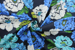 The Robert Allen© Brushed Floral in Ultramarine is the perfect multipurpose fabric, featuring a bright floral print in blue, black, green, and white. Crafted with soil and stain repellent technology.  It can be used for several different statement projects including window accents (drapery, curtains and swags), toss pillows, headboards, bed skirts, duvet covers, upholstery, and more.