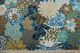 The Robert Allen© Zomper in Aegean Upholstery Fabric is a beautiful fabric featuring a large floral print in blues, greens, browns, khaki, and white. The soil and stain repellent finish make it suitable for any environment, and its durability rating of 100,000 double rubs ensures it will withstand the test of time.  It can be used for several different statement projects including window accents (drapery, curtains and swags), toss pillows, headboards, bed skirts, duvet covers and upholstery. 