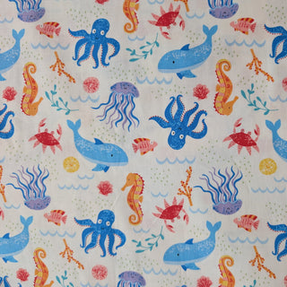 Tossed Sea Creatures Quilting Fabric in White
