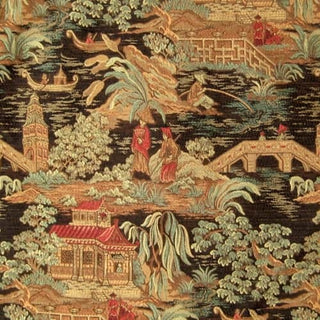 Regal Fabric Kyoto Black Chinese Toile Pagoda Tapestry