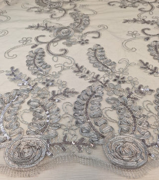 Victoria Delicate Embroidered Lace Fabric in Grey