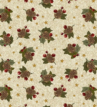 Benartex  Very Wooly Winter 10356-07 Pine Berries Quilting Fabric in Cream by Cheryl Haynes