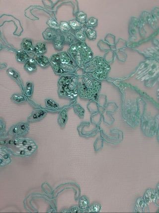 Julia Delicate Embroidered Lace Fabric in Turquoise