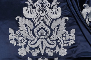 Silver Renaissance Embroidered Damask Fabric in Navy