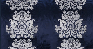 Silver Renaissance Embroidered Damask Fabric in Navy