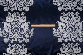 Silver Renaissance Embroidered Damask Fabric in Navy